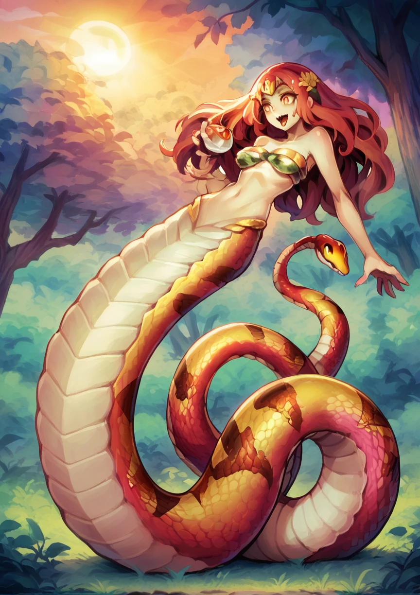 (lamia), full body shot, 1girl, monster girl, snake tail, snake body from waist down, human face, forked tongue, long tongue, small fangs, open mouth, (colorful shiny snake scales), (shiny red, and (golden) gradient scales tail), (reptilian eyes), in beautiful enchanted magical (forest), red (glowing plant) and fungus, ((red thin trees with yellow and orange leaves)), sunrise, greenish atmosphere, orange sun, alien flora, amazing lighting effects, yellowish light ray, crystalline dew, ((astonishingly seductive lamia)), amazing face and eyes, soft and delicate looking, (red long hair), (crystalline green eyes), good hands, perfect anatomy, masterpiece, best quality, medium large breasts INFO