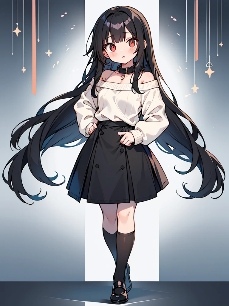 Correct human body structure,perfect,long black hair,((young cute girl)),Full body pictures,alarmed,blush,White Off-The-Shoulder Sweater,Khaki Grille Skirt,Black pantyhose,collar,Put your hands behind your back
