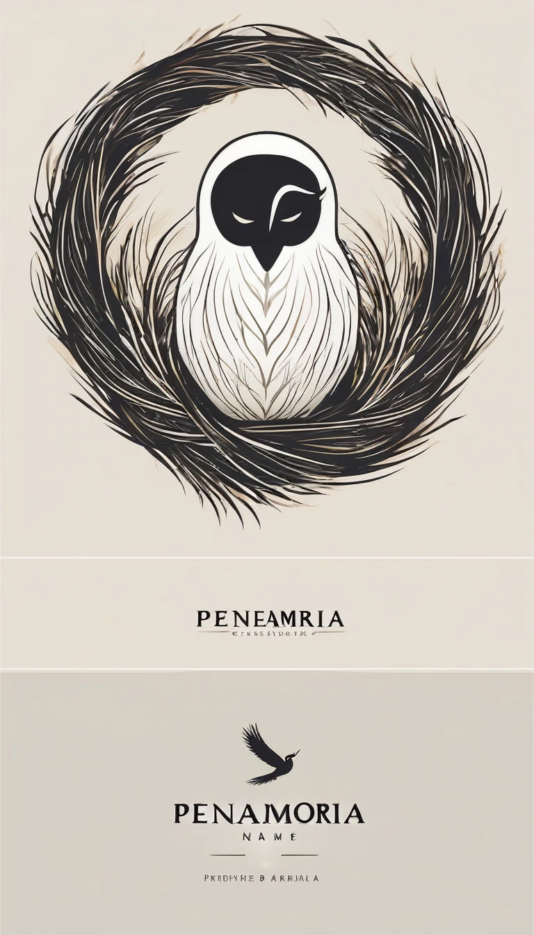 A minimal, modern, simple, cinematic logo design for the brand “Penamemoria". Create a modern, minimalistic, high-quality, logo of a boy inside a nest made of feathers. The logo must be a symbol for dreams, stories, memories, music and imagination.