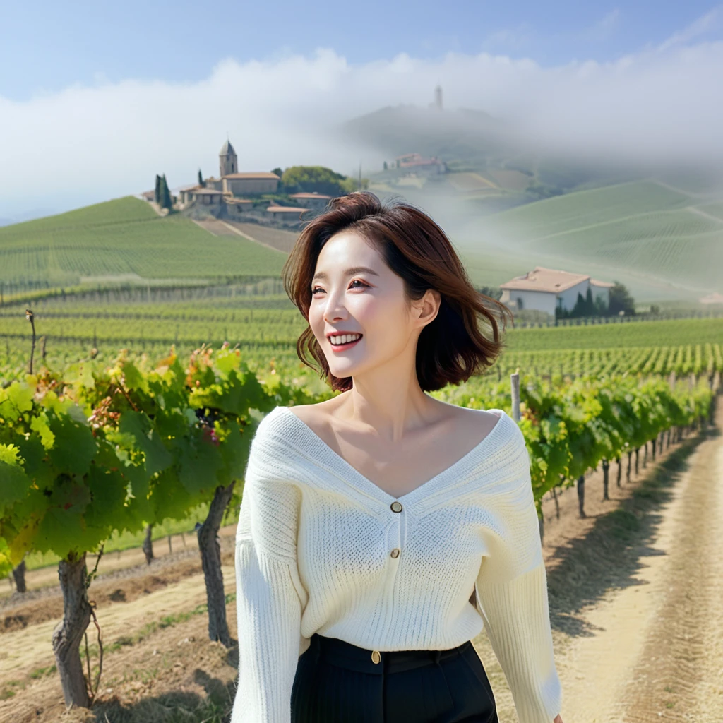 8k best picture quality, Beautiful 36-year-old Korean woman, My skin is good and my eyes are clear and pretty... clear and nice weather. Chest size 34 inches, italian countryside, past the vineyard, The cathedral is visible in the fog in the distance., The back background is realistic and vivid quality., Short and medium hair blowing in the wind, Wearing a luxurious luxury knit. casual pants, laugh. the background is clear, Short and slim Korean woman, stand far away, Photo taken with a wide-angle lens, 1 woman