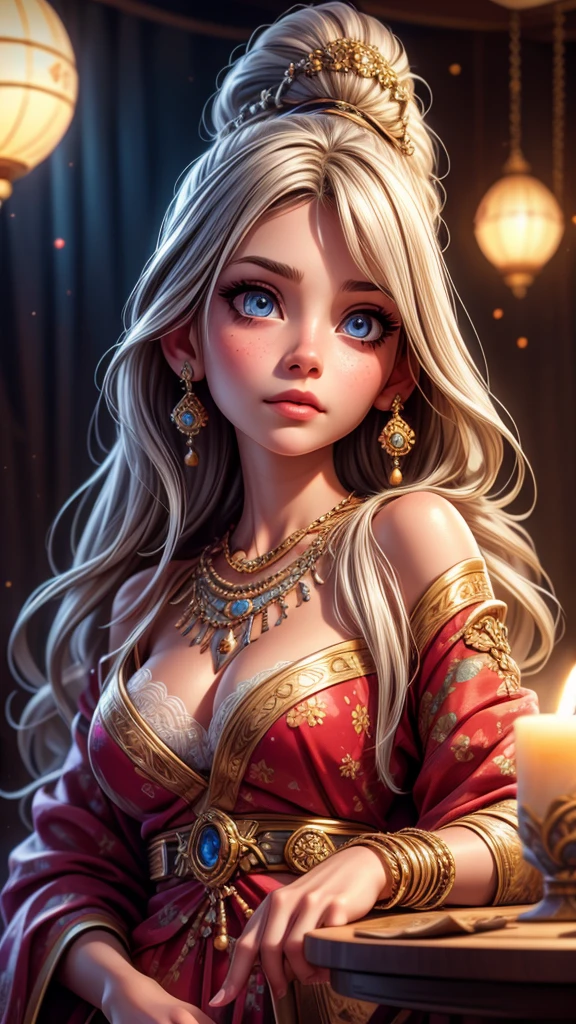 a young astrologist girl, fortune-telling customers at a cultural festival, silver hair, blue eyes, detailed face and eyes, beautiful detailed lips, extremely detailed eyes and face, long eyelashes, intricate ornaments, detailed jewelry, mystical aura, magical energy, glowing crystals, zodiac symbols, candles, incense, dimly lit room, warm lighting, (best quality,8k,highres,masterpiece:1.2),ultra-detailed,(realistic,photorealistic,photo-realistic:1.37),concept art,digital painting,muted colors,soft lighting