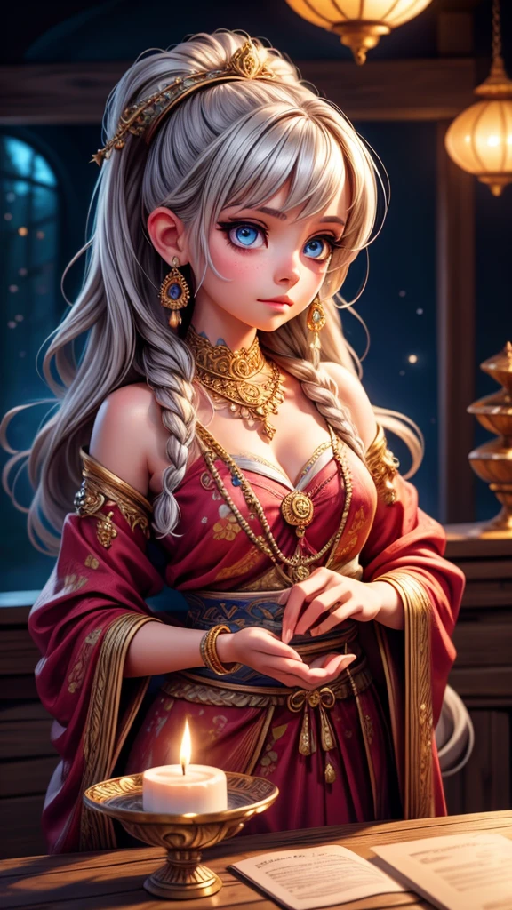 a young astrologist girl, fortune-telling customers at a cultural festival, silver hair, blue eyes, detailed face and eyes, beautiful detailed lips, extremely detailed eyes and face, long eyelashes, intricate ornaments, detailed jewelry, mystical aura, magical energy, glowing crystals, zodiac symbols, candles, incense, dimly lit room, warm lighting, (best quality,8k,highres,masterpiece:1.2),ultra-detailed,(realistic,photorealistic,photo-realistic:1.37),concept art,digital painting,muted colors,soft lighting