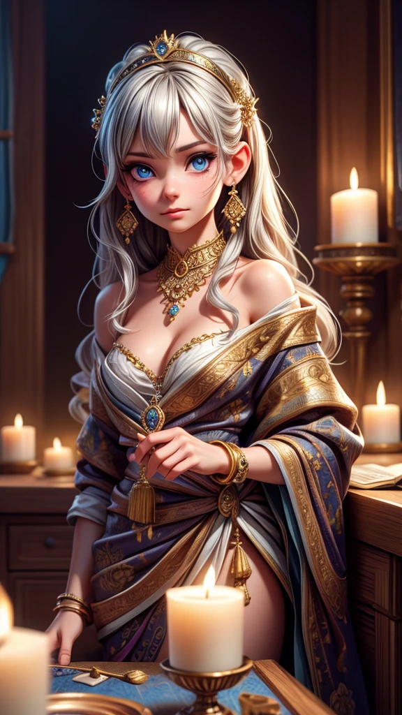 a young astrologist girl, fortune-telling customers at a cultural festival, silver hair, blue eyes, detailed face and eyes, beautiful detailed lips, extremely detailed eyes and face, long eyelashes, intricate ornaments, detailed jewelry, mystical aura, magical energy, glowing crystals, zodiac symbols, candles, incense, dimly lit room, warm lighting, (best quality,8k,highres,masterpiece:1.2),ultra-detailed,(realistic,photorealistic,photo-realistic:1.37),concept art,digital painting,muted colors,soft lighting