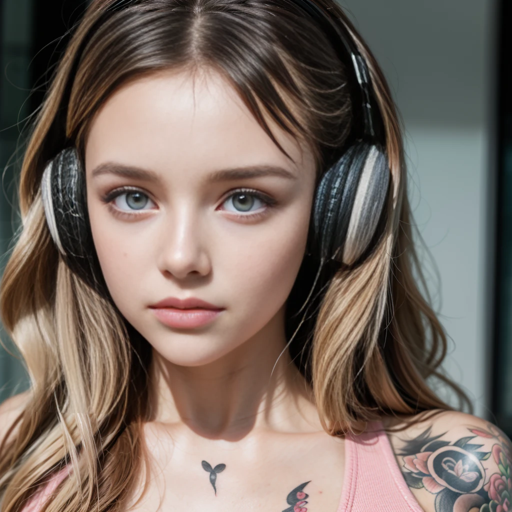 A beautiful tattooed woman. Beautiful pink eyes, pink pupils, long silky hair, beautiful face. Pink painted lips. Long eyelashes, headphones listening to music, chill-out clothing. Neckline. 1 girl