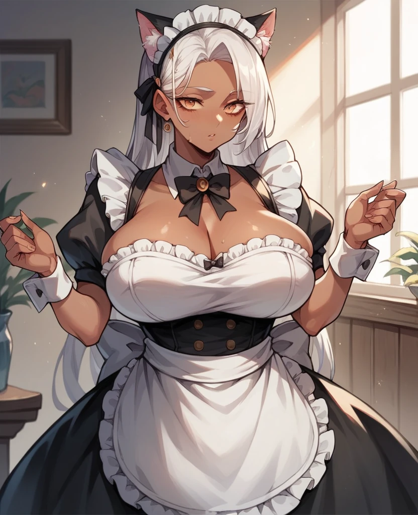 Woman with dark skin, long white hair and cat ears, dressed as a maid and with huge breasts exposed