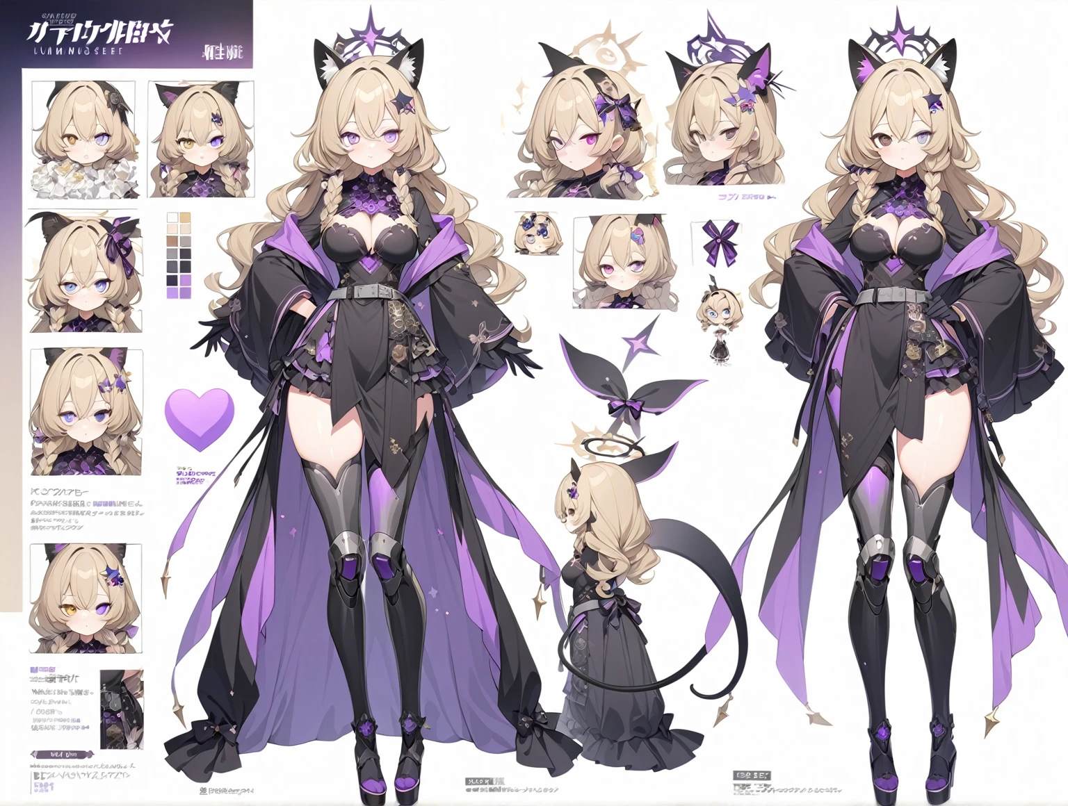1 woman 180cm tall. (character design sheet: front view). long dark blonde hair, slim build, wavy hair with hip length curls, has a short central tuft, She has two short braids on the left and right side of her head.. He has black serval ears with gray and purple on the top of his head. small face. (heterocromia: one gray eye and one purple eye), ribbons on the right and left side of the hair. extremely detailed face, Beautiful detailed eyes, beautiful detailed lips. adorable, extremely detailed legs, (Best Quality, 4k, 8k, high resolution), ultra detailed, Exquisite and epic character art. Black platform heels, Elegant One Piece Long Dress with Ruffles Skirt and Wide Sleeves Gold Gear Design, star and ribbon decorations on the dress. black gloves. gray belt at the waist with a large bright pink heart ribbon. black necklace with heart emblem on the neck. It has a succubus tail with a luminous purple star tip.. (wide hip). Luminous black halo with purple star patterns above his head... (medium breast size). Thigh High Mechanical Legs in Black and Luminous Purple.