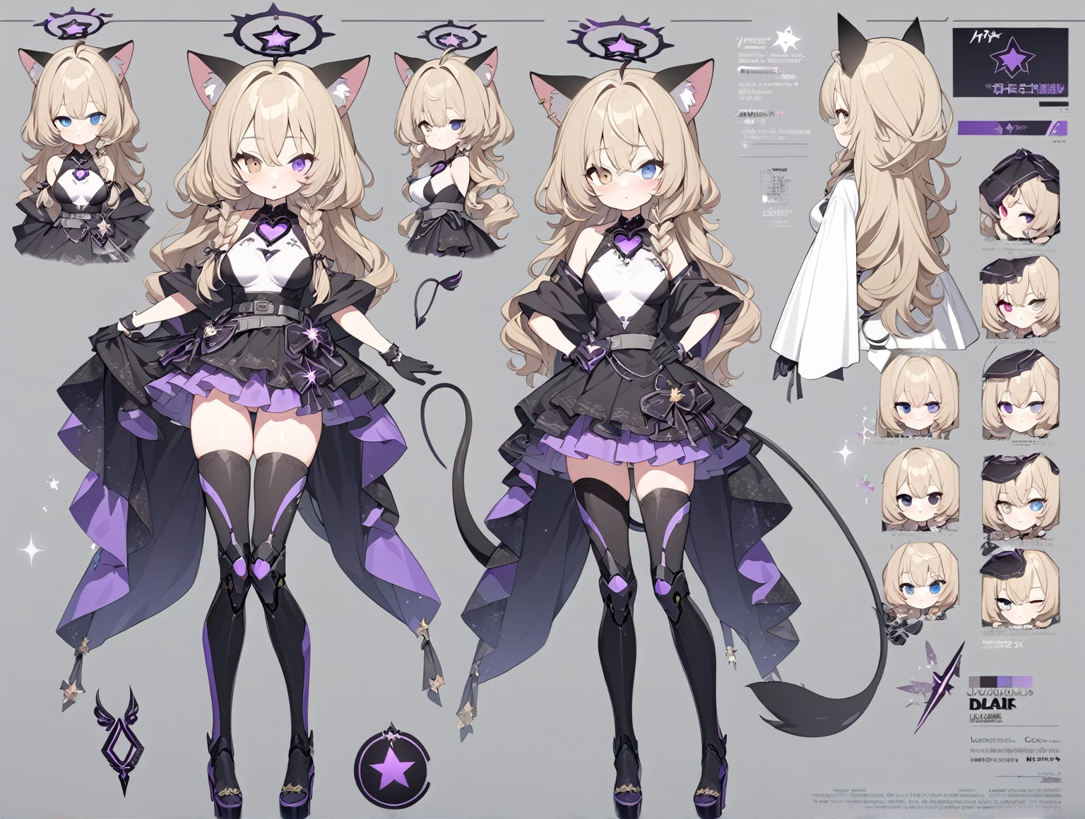 1 woman 180cm tall. (character design sheet: front view). long dark blonde hair, slim build, wavy hair with hip length curls, has a short central tuft, She has two short braids on the left and right side of her head.. He has black serval ears with gray and purple on the top of his head. small face. (heterocromia: one gray eye and one purple eye), ribbons on the right and left side of the hair. extremely detailed face, Beautiful detailed eyes, beautiful detailed lips. adorable, extremely detailed legs, (Best Quality, 4k, 8k, high resolution), ultra detailed, Exquisite and epic character art. Black platform heels, Elegant One Piece Long Dress with Ruffles Skirt and Wide Sleeves Gold Gear Design, star and ribbon decorations on the dress. black gloves. gray belt at the waist with a large bright pink heart ribbon. black necklace with heart emblem on the neck. It has a succubus tail with a luminous purple star tip.. (wide hip). Luminous black halo with purple star patterns above his head... (medium breast size). Thigh High Mechanical Legs in Black and Luminous Purple.