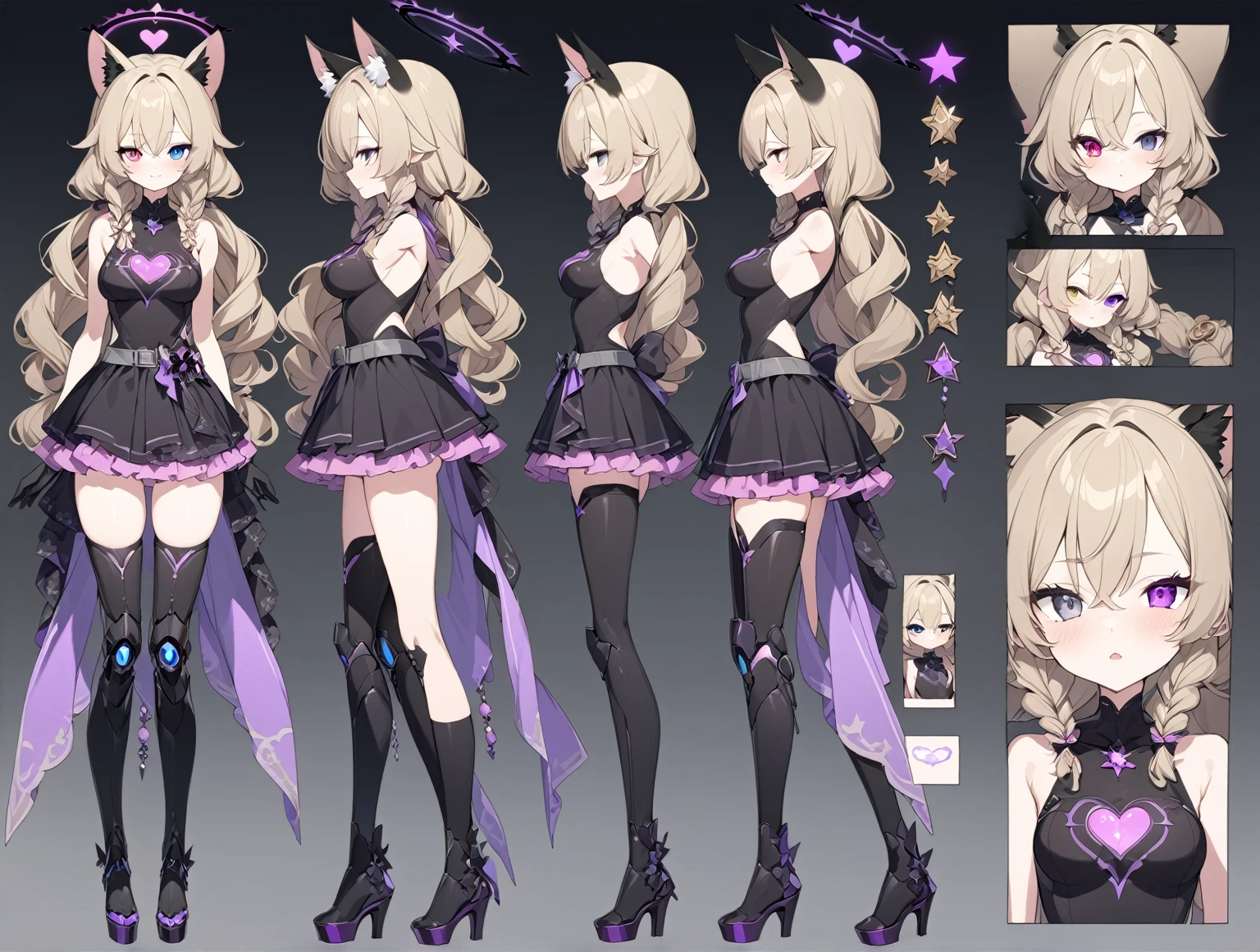 1 woman 180cm tall. (character design sheet: front view). long dark blonde hair, slim build, wavy hair with hip length curls, has a short central tuft, She has two short braids on the left and right side of her head..  He has black serval ears with gray and purple on the top of his head. small face. (heterocromia: one gray eye and one purple eye), ribbons on the right and left side of the hair. extremely detailed face, Beautiful detailed eyes, beautiful detailed lips. adorable, extremely detailed legs, (Best Quality, 4k, 8k, high resolution), ultra detailed, Exquisite and epic character art. Black platform heels, Elegant One Piece Long Dress with Ruffles Skirt and Wide Sleeves Gold Gear Design, star and ribbon decorations on the dress. black gloves. gray belt at the waist with a large bright pink heart ribbon. black necklace with heart emblem on the neck. It has a succubus tail with a luminous purple star tip.. (wide hip). Luminous black halo with purple star patterns above his head... (medium breast size). Thigh High Mechanical Legs in Black and Luminous Purple.