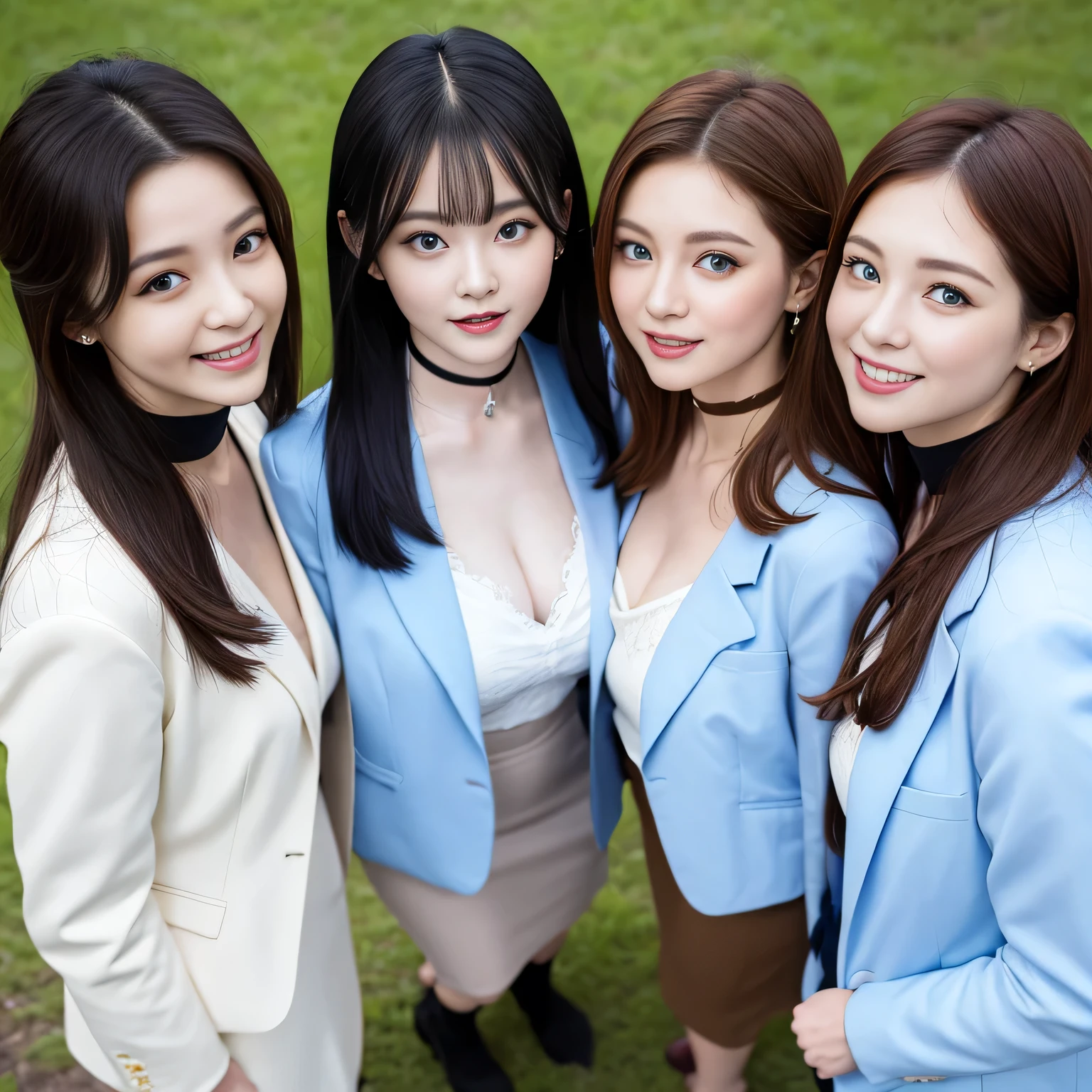 Four Girls,Ultra-high resolution, Realistic, Highest quality, 8K resolution,、office、Slim waist、pharmacist、White coat, Ecstasy, Shoot from above, Look up, Straight Long Hair, Light brown hair, Big Breasts, Perfect Makeup, Happy expression, Black choker, Blue Eyes, Very long eyelashes, Very thick eyelashes
