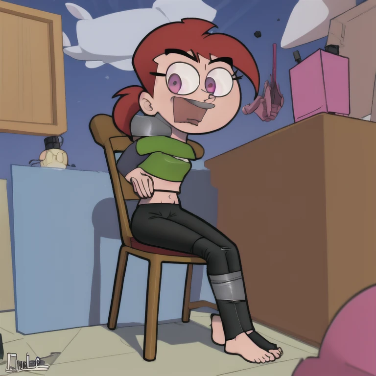 Frankie Foster from Foster Home For Imaginary Friends, red hair, green hood, hairclip, purple skirt, orange socks, blue sneakers, kneeling, side view, blowjob, room, 3d, spiky hair, ponytail, shita-boy