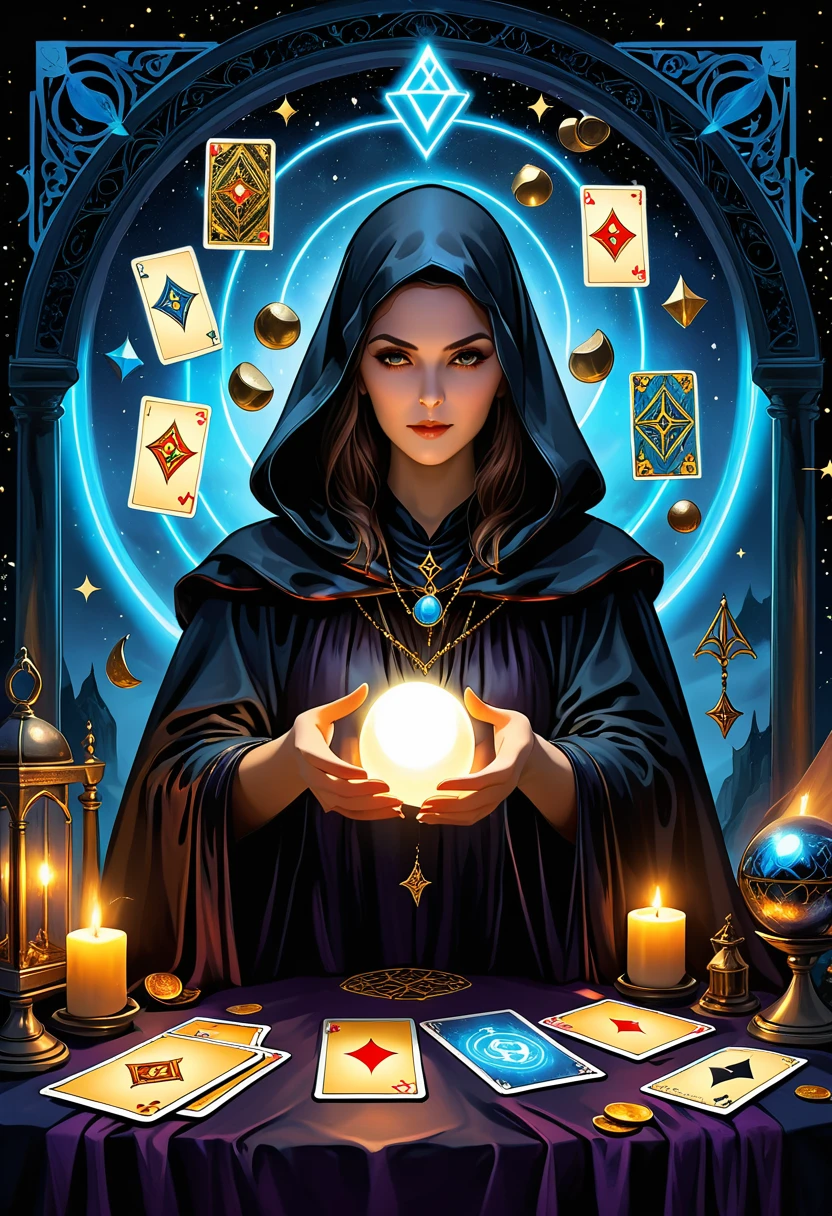 Fortune Teller，Metal photo frame，card，tarot cards：1.37.Mysterious fortune teller in cloak，eldenger taps an array of tarot cards in the air，Mystical symbols and elements，Ancient mysterious atmosphere，Realistic illustration details，A composition full of vitality and energy，Dark Style，Gothic style