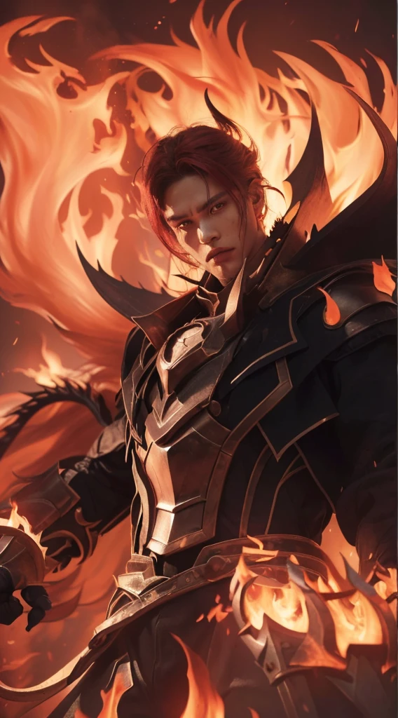 a close up of a man with a sword and a fire, red hair, ruler of inferno, infernal enigma, dragon knight, the former demon king, demon male, portrait of hades, (best quality,4k,8k,highres,masterpiece:1.2),ultra-detailed,(realistic,photorealistic,photo-realistic:1.37),highly detailed face and eyes,extremely detailed facial features,extremely detailed eyes,sharp focus,physically-based rendering,vivid colors,dramatic lighting,dark fantasy,dark art,chiaroscuro,dramatic color palette,cinematic lighting,moody atmosphere,mystical,occult,supernatural,dark powers,demonic,hellfire,infernal,scorching flames,blazing fire,glowing embers,intense shadows,dramatic pose,powerful stance