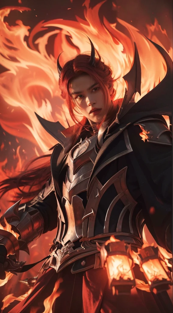 a close up of a man with a sword and a fire, red hair, ruler of inferno, infernal enigma, dragon knight, the former demon king, demon male, portrait of hades, (best quality,4k,8k,highres,masterpiece:1.2),ultra-detailed,(realistic,photorealistic,photo-realistic:1.37),highly detailed face and eyes,extremely detailed facial features,extremely detailed eyes,sharp focus,physically-based rendering,vivid colors,dramatic lighting,dark fantasy,dark art,chiaroscuro,dramatic color palette,cinematic lighting,moody atmosphere,mystical,occult,supernatural,dark powers,demonic,hellfire,infernal,scorching flames,blazing fire,glowing embers,intense shadows,dramatic pose,powerful stance