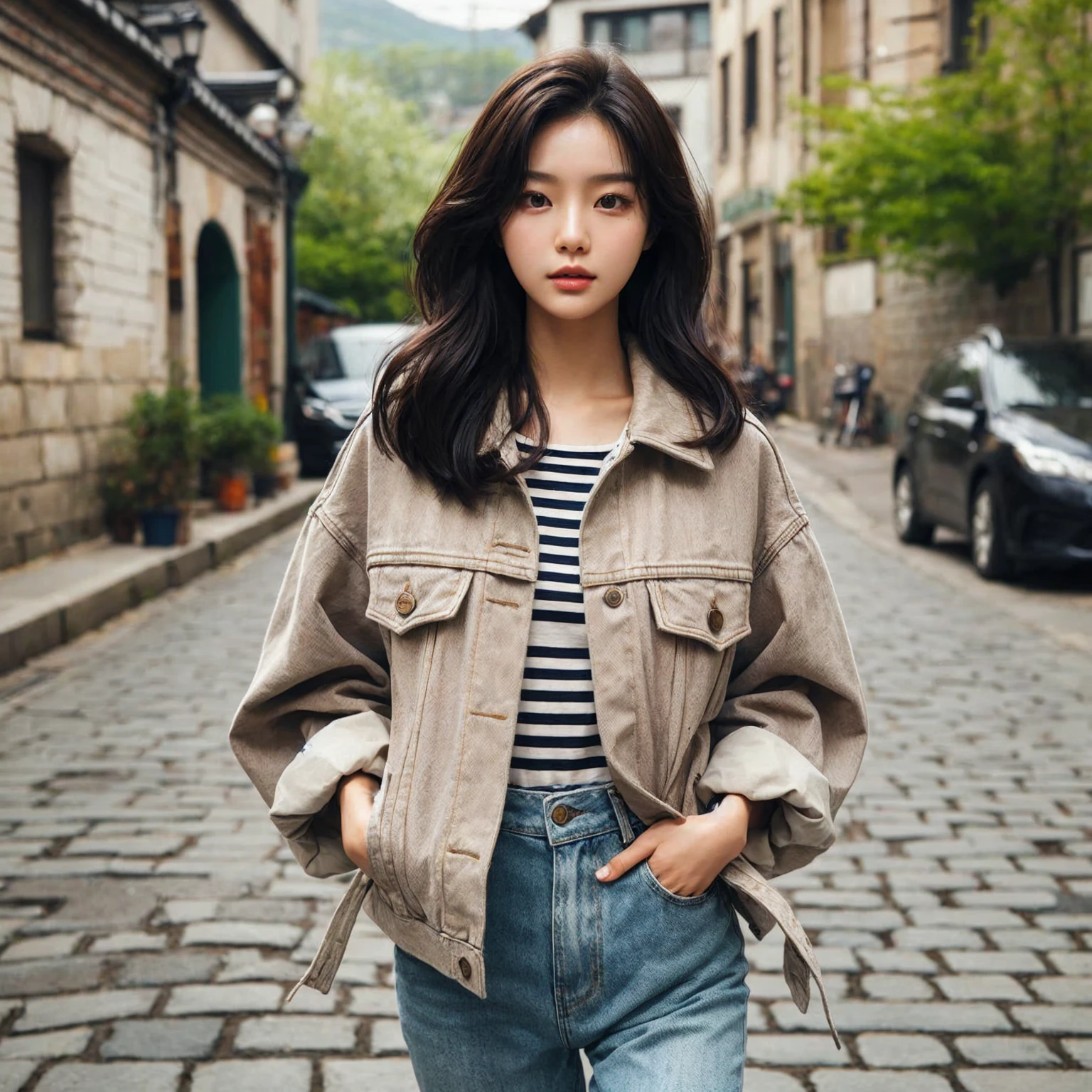 Beautiful young Korean female walking confidently down a cobblestone street in casual, stylish outfits with jackets, shirts, and jeans. The backdrop is a vintage urban setting with buildings and greenery, blending modern style with a cool urban vibe.