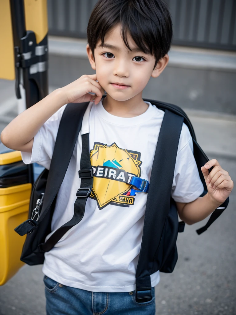 A 9-year-old boy wearing an elementary school backpack with an acrylic key ring attached.