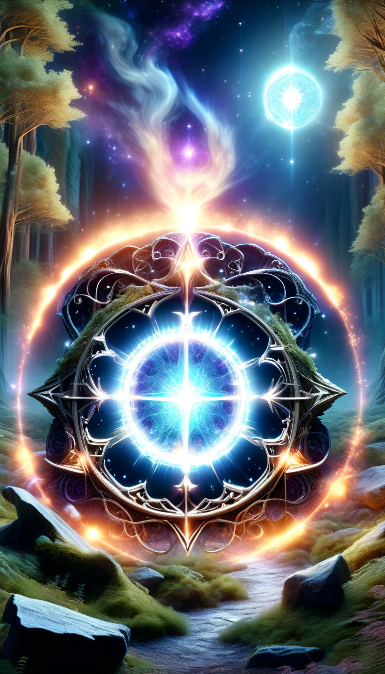 A great astrologer,(Dark Fantasy),(Ultra wide angle),In an ancient forest wasteland, The ancient stone magic circle predates all recorded history. It is composed of countless huge rocks, Each one has signs of erosion., Arranged into a perfect six-pointed star,Point to each constellation, As if connected to the power of the universe. At its center, The ground is engraved with complex runes and mysterious patterns.,In the moonlight, the light is blue, As part of the summoning ritual,It is also a container of power., Peak electricity consumption at night. The surrounding forest seemed to avoid, The branches are curved,Whisper. When the stars align on a special night, The energy of the sky resonates with the runes of the circle, Slowly open a crack,Inside is a creature with eyes like burning coals, Made of darkness and fear, Get out, Every step you take,The earth will tremble. This scene depicts a mysterious and dangerous moment,An ancient magic circle summons an entity under the watchful eyes of the ancient forest.,(masterpiece,best quality,Ultra HD,Extremely detailed,illumination)