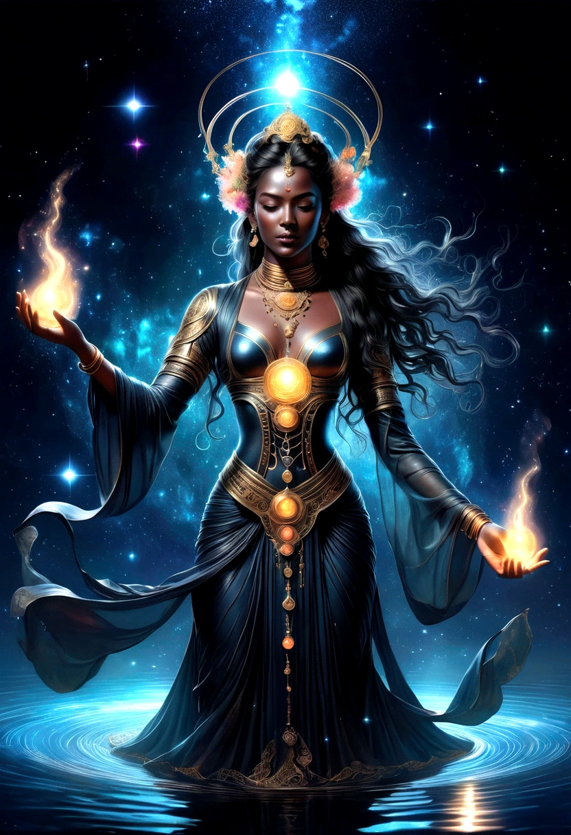 Astrologer，In the middle of the lake, Mysterious female black silhouette in the middle of the night, Surrounded by glowing constellations, Summoners dance to appease the spirits of the dead. Ceremonial canvas clothing. Sensual. Multiple magic arrays. Dynamic dance. Black Lotus. Colorful palette.