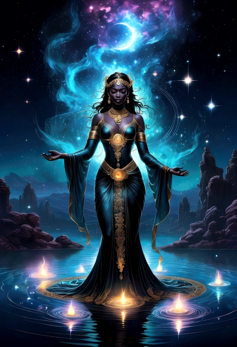 Astrologer,In the middle of the lake, Mysterious female black silhouette in the middle of the night, Surrounded by glowing constellations, Summoners dance to appease the spirits of the dead. Ceremonial canvas clothing. Sensual. Multiple magic arrays. Dynamic dance. Black Lotus. Colorful palette.