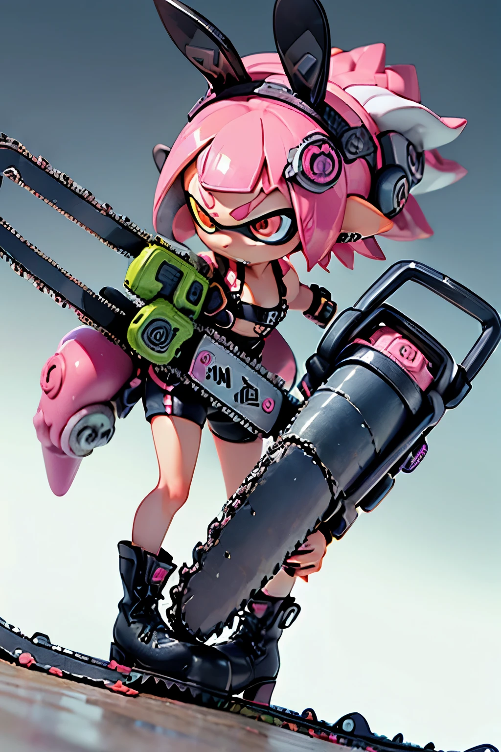 Best image quality,(Highest quality:1.1),(Super detailed:1.1), Cowboy Shot, Real Anime、3d、 (One Splatoon Woman, Women in punk fashion, Pink tentacle hair, Other shaving, Sharp eyes, Golden eyes, A glaring expression showing teeth), gigantic breast、Cleavage、 (open black leather jacket, Rabbit illustration, Low rise denim shorts that reveal your navel, Previous open shorts、Black work boots), (He has a long, thin chainsaw:1.5),Dynamic pose, Dynamic Angle, Outdoor Background,