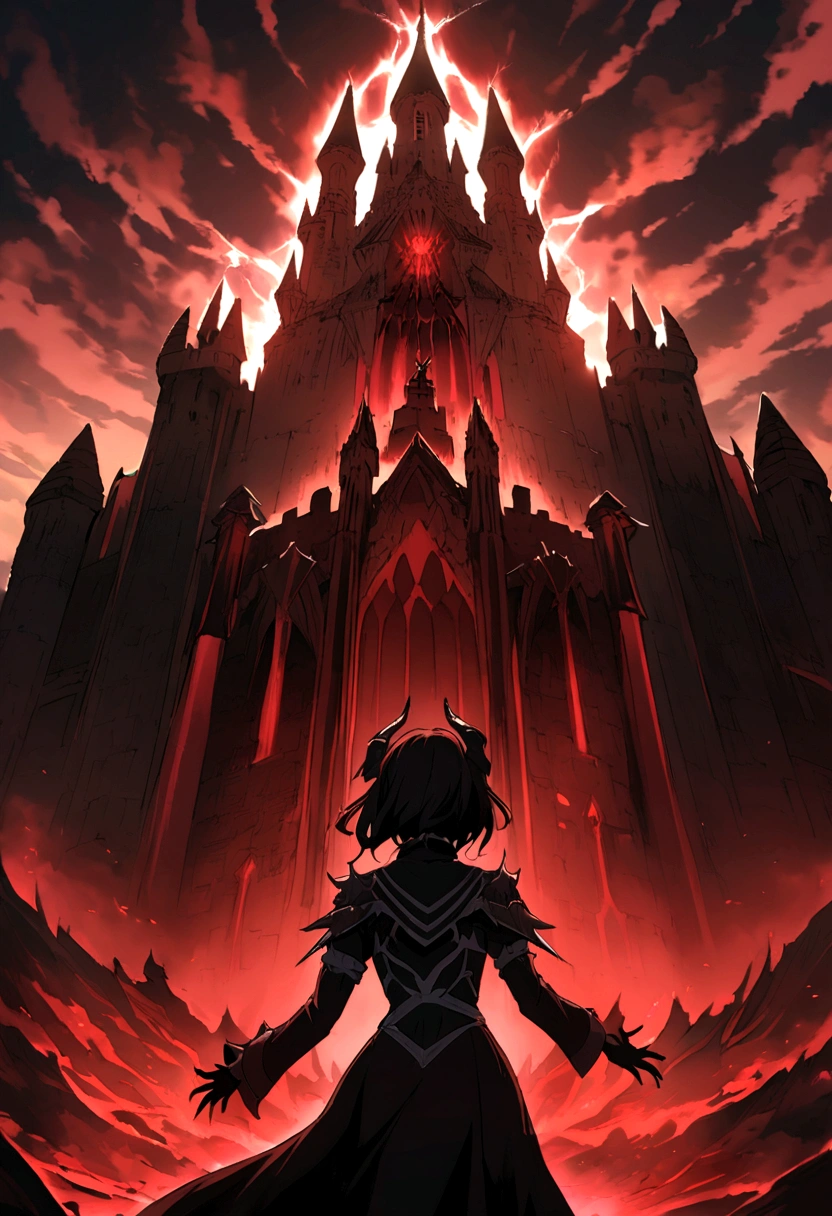 Anime Style.Fantasy World.Female Demon of the Demon King&#39;s Army.pretty girl.Shortcuts.Has spider abilities.Hands from the back６The book is out,The clothes are red and black.The background is Devil's Castle