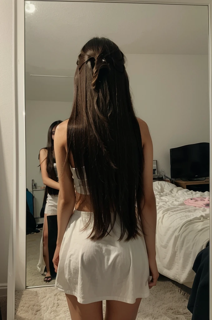 a girl with long straight hair taking a photo in front of her mirror without showing her face
