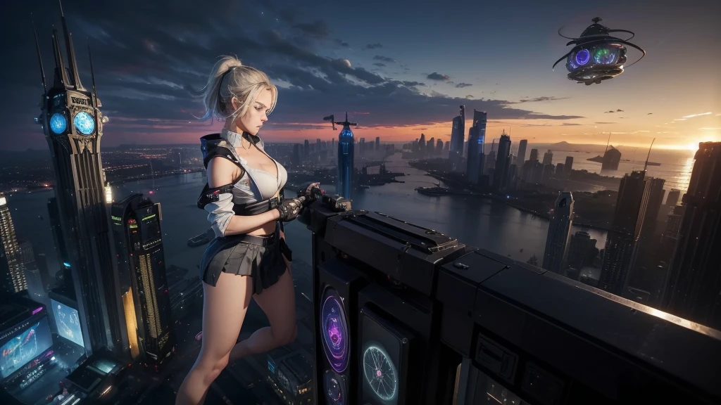 At night, (((aerial view of futuristic sci-fi cyberpunk city, skyscrapers, (((flying cars))), (vortex glowing giant hologram (((clock tower))) as time machine), high quality))). (1girl, solo), photo realistic, (((large-breast:1.2 slim body, cleavage:1.3, tube top, short pleated (((miniskirt)))))), ((((((black sunglasses), aiming at viewer with a (mini rifle):0.3))))), (((dynamic pose, half-body (thigh level) medium shot))), cinematic lighting.
