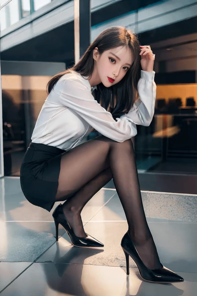 There is a woman sitting on the ground wearing high heels, elegant legs, long thin legs, y style, Korean Girl, Long legs, Korean Woman, Engaging pose, elegant seducing pose, Cute elegant pose, beautiful slim legs, beautiful Korean women, gorgeous chinese model, Very beautiful slim legs, photo of slim girl model, Sexook, pantyhights