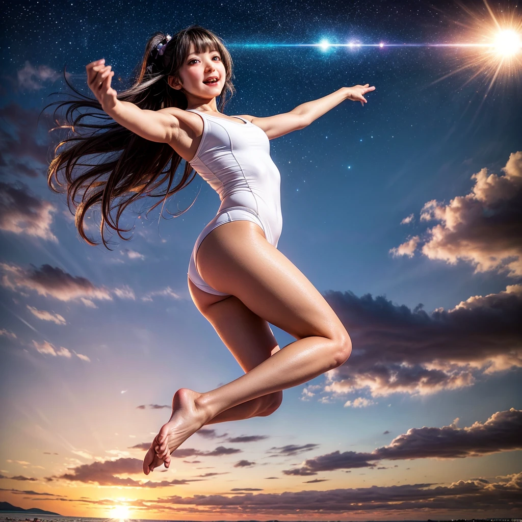 ((ExtremelyDetailed ( KAWAII Girl Floating in the Air:1.37) in WHITE at Dusk Enoshima Beach)), (masterpiece 8K TopQuality) (ProfessionalPhoto:1.37), {(Standing Full Body:1.2)|(from below:1.2)}, Different types of hair colors, {(White skinny(School Swimwear))|(SchoolUniform) with Micro AthleticShorts}, {Detailed Childish hand|Hidden hand|Armpit|Different types of breasts|(Clearly Visible the shape of Butt)}, Joyful Expressions LifeLike Rendering, PerfectLighting, Dazzling Horizon {Colorful Clouds | Starry IridescentParticles} VolumetricLighting (Acutance:0.8)