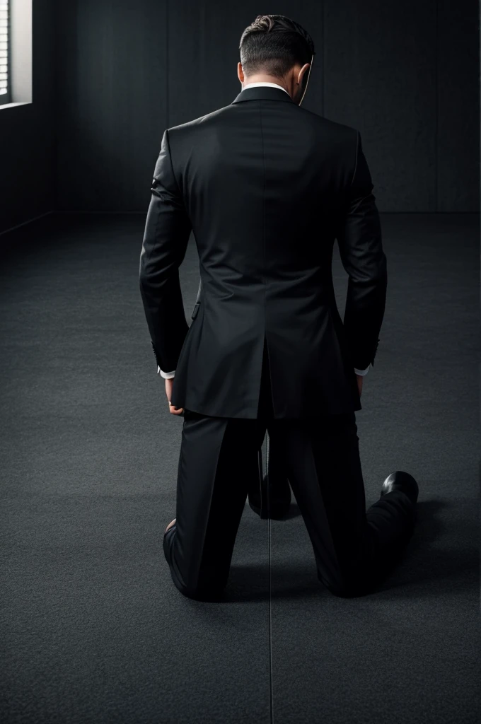 Generate an image of a man on his knees kneeling sensually. He is blindfolded. His hands are in his back and he is tied all around but not entirely. He is wearing an Armani suit. The place is dark he is slightly sweating. His mouth is open lightly.