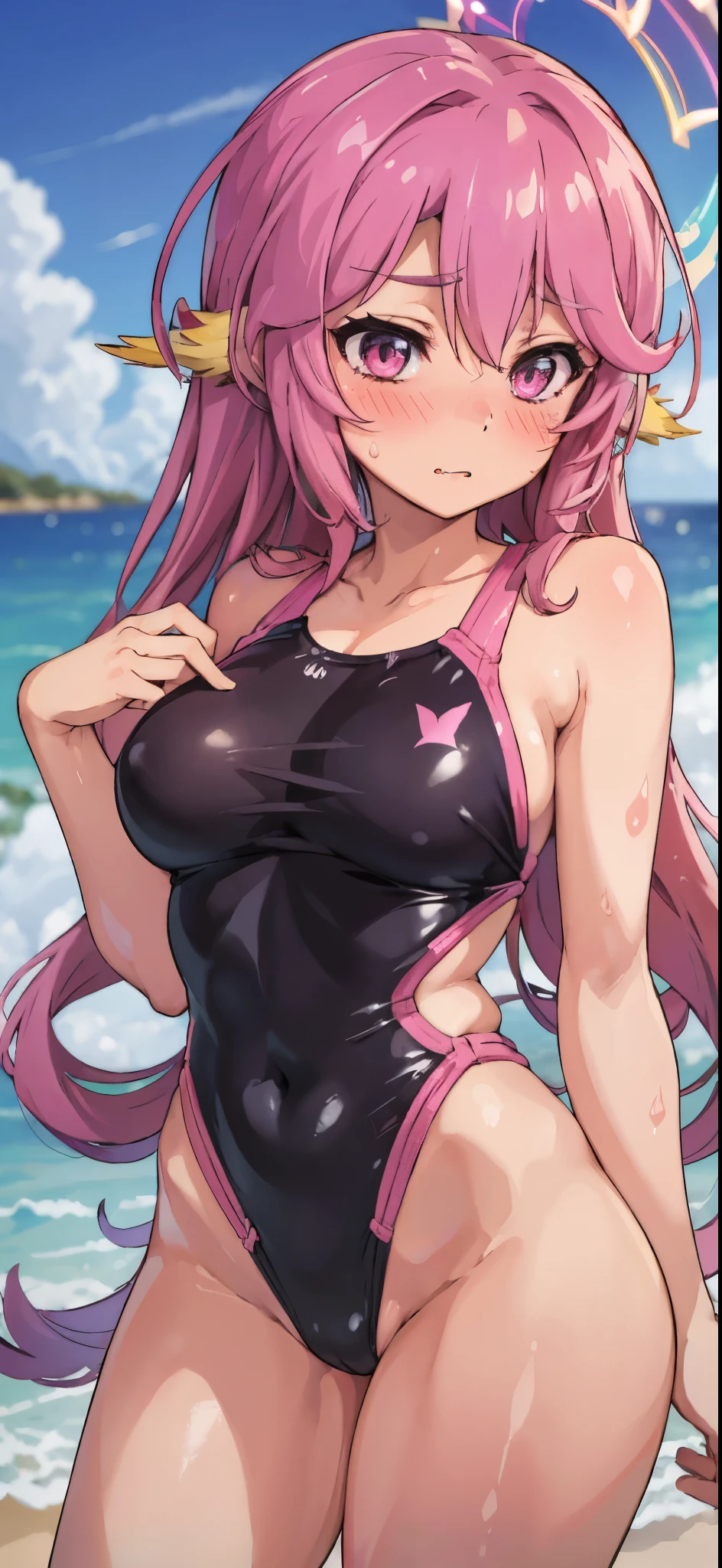 Jibril, upper body, blushed, perfect anatomy, extremely detailed eyes and face, vivid colors, sharp focus, masterpiece:1.2, ultra-detailed, blushed, ((doggystyle)), (solo), (swimsuit).