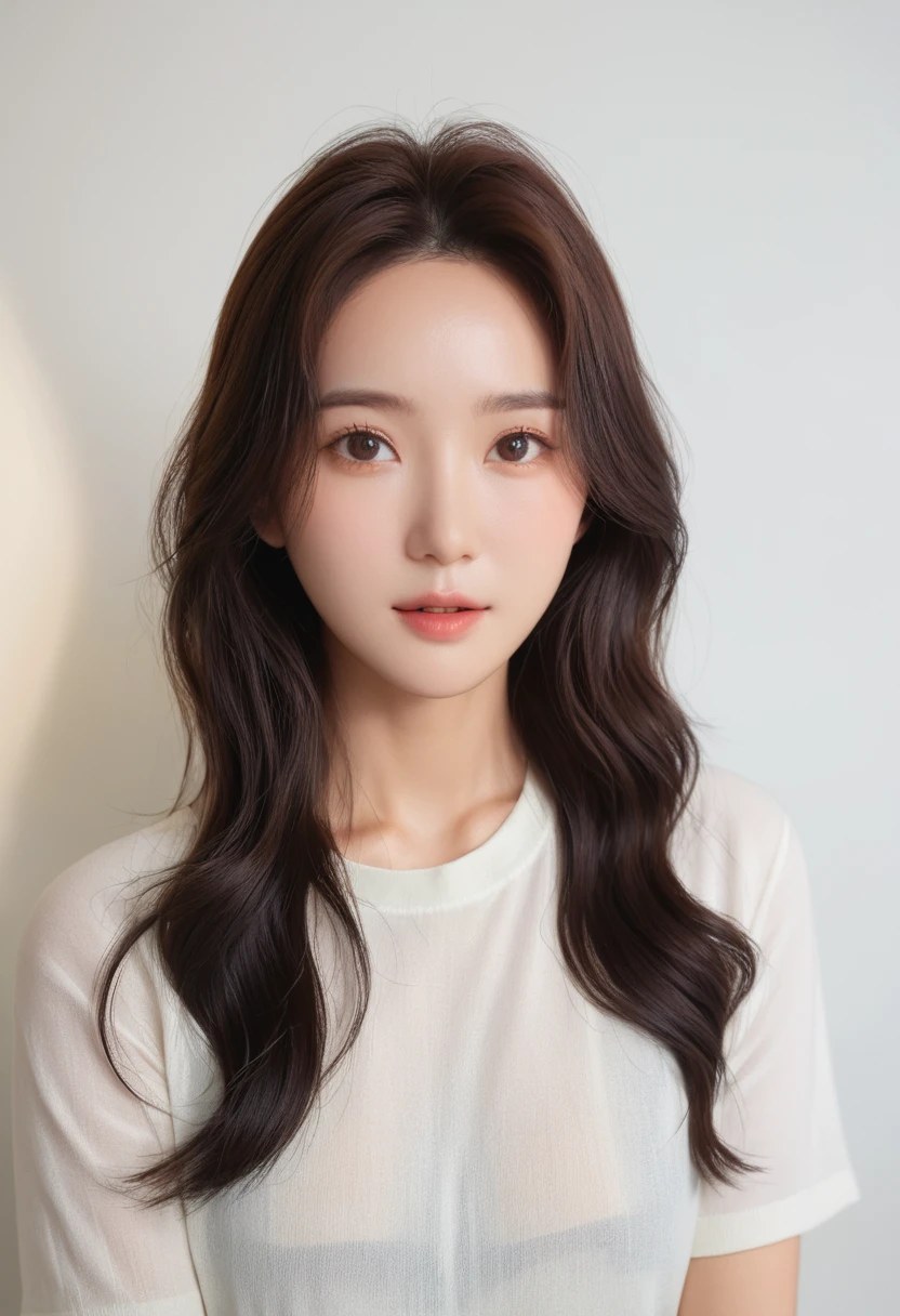 Best Quality, 8k, Masterpiece, (Portrait: 1.3), (photo realistic:1.4), (hyper realistic:1.4), Sharp Focus, looking at viewer, (smoother lighting:1.1), (increase cinematic lighting quality:0.9), realistic lighting, backlighting, light on face, ray trace, (brightening light:1.2), (Increase quality:1.4), sharp detail, (best quality real texture skin:1.4), finely detailed eyes, black_eyes, finely detailed face, 25 year old Korean woman