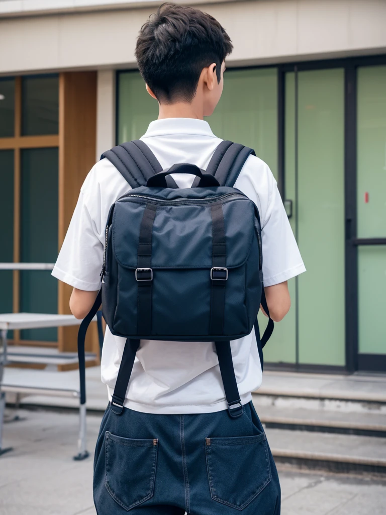 Back view of a male elementary school student wearing an elementary school backpack with an acrylic key ring attached