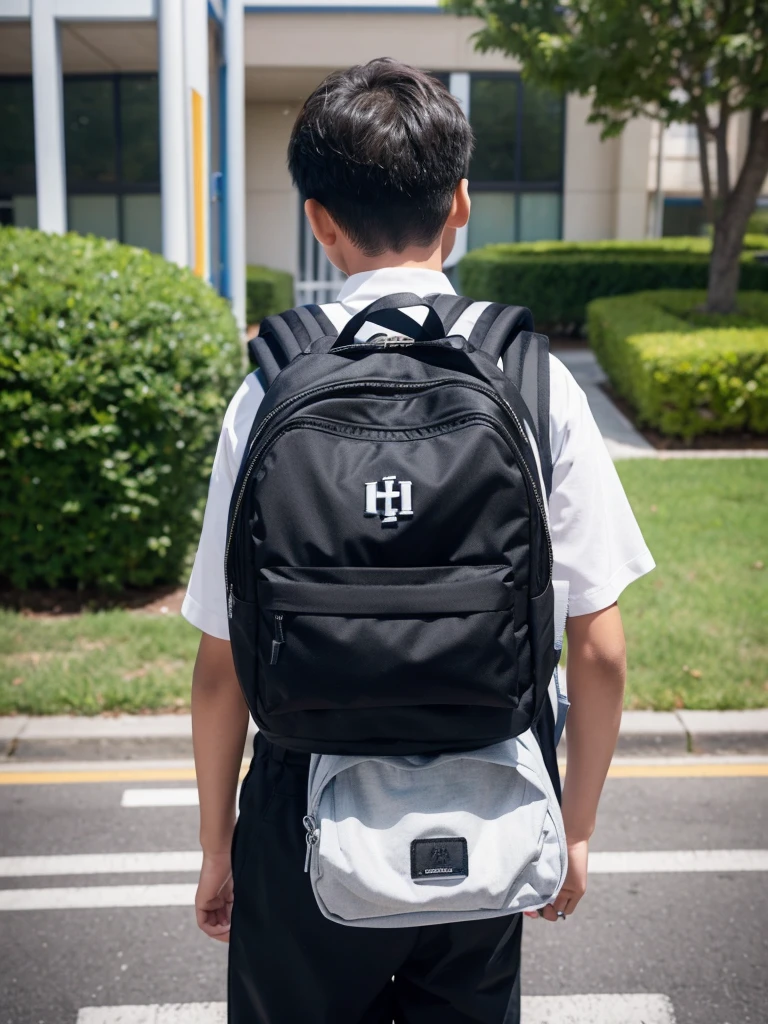 Back view of a male elementary school student wearing an elementary school backpack with an acrylic key ring attached