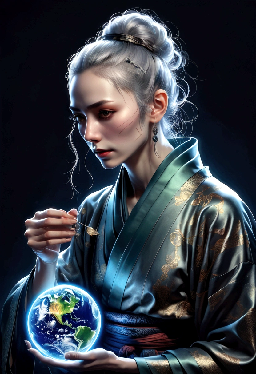 Glow ball in hand,dark, dark atmosphere, deep shadow, shadow, , portrait elderly Man in (Gray Kimono) He holds the Earth in his hands, Outer Space, Vishai, a giant elderly Man between whose hands is the earth, Geometric composition, elderly, [Nordic] Anorexia , Long gray hair, Old white skin, Round glowing blue eyes, Oval face, Anorexia small neck, Thin nude lips, Thick and thin gray eyebrows, Collapsed nose, hunchback, Slender thighs, Anorexia Slim arms legs and breast, High-angle cheekbones, sunken cheeks, Round chin, Rounded jawline, With pointed ears, Round forehead, Designer Stubble Grey Beard, Triangular gray hair beard, graphic style of novel comicss,dark novel style, comics, 2D, 8K, Surreal主义, masterpiece, high resolution, best quality, Extremely detailed, Surreal, Surreal主义艺术, high quality, 超high resolution, The most detailed, Lots of details, 极high resolution的细节, Lifelike, rich and colorful, Soft lighting,