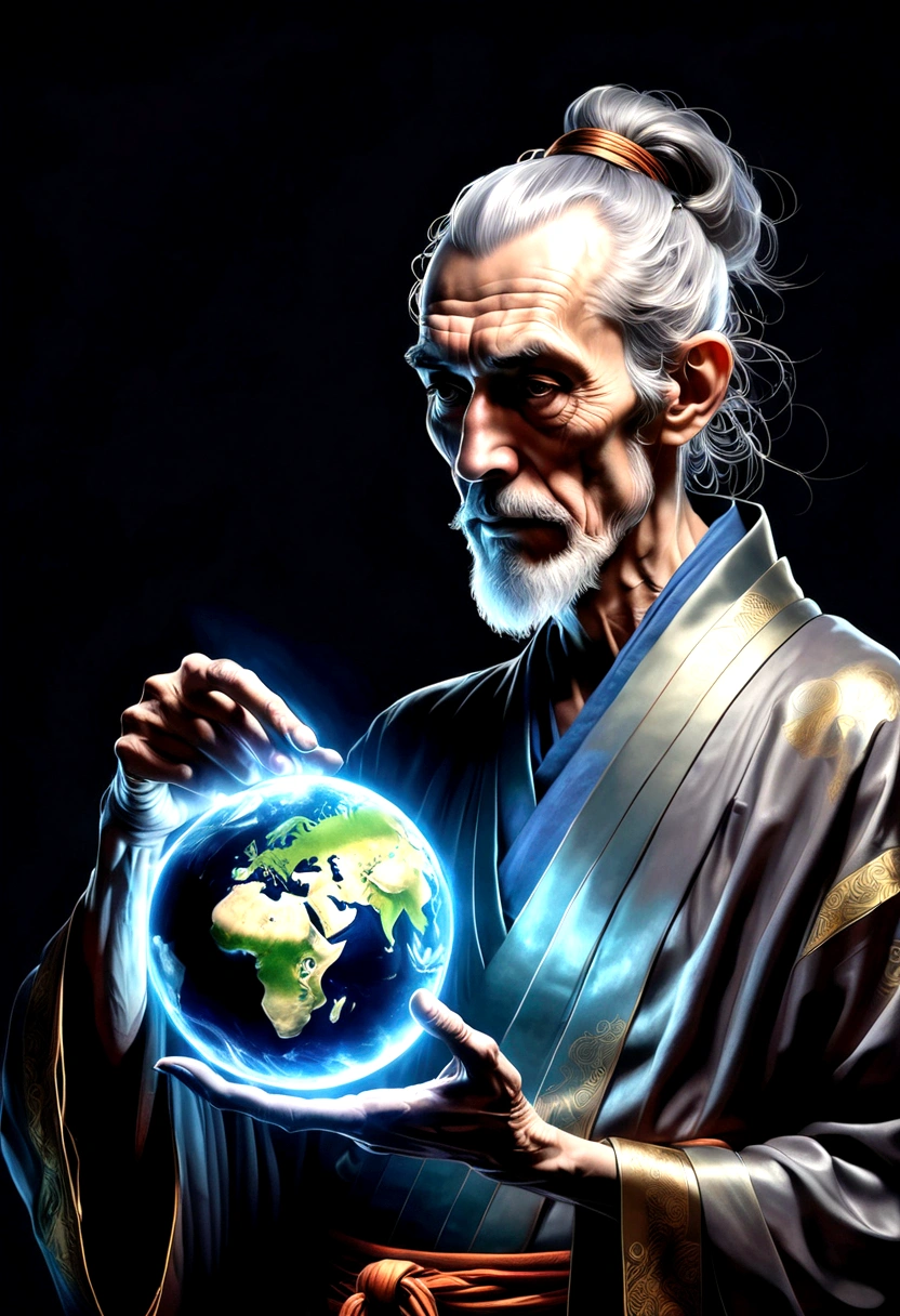Glow ball in hand,dark, dark atmosphere, deep shadow, shadow, , portrait elderly Man in (Gray Kimono) He holds the Earth in his hands, Outer Space, Vishai, a giant elderly Man between whose hands is the earth, Geometric composition, elderly, [Nordic] Anorexia , Long gray hair, Old white skin, Round glowing blue eyes, Oval face, Anorexia small neck, Thin nude lips, Thick and thin gray eyebrows, Collapsed nose, hunchback, Slender thighs, Anorexia Slim arms legs and breast, High-angle cheekbones, sunken cheeks, Round chin, Rounded jawline, With pointed ears, Round forehead, Designer Stubble Grey Beard, Triangular gray hair beard, graphic style of novel comicss,dark novel style, comics, 2D, 8K, Surreal主义, masterpiece, high resolution, best quality, Extremely detailed, Surreal, Surreal主义艺术, high quality, 超high resolution, The most detailed, Lots of details, 极high resolution的细节, Lifelike, rich and colorful, Soft lighting,