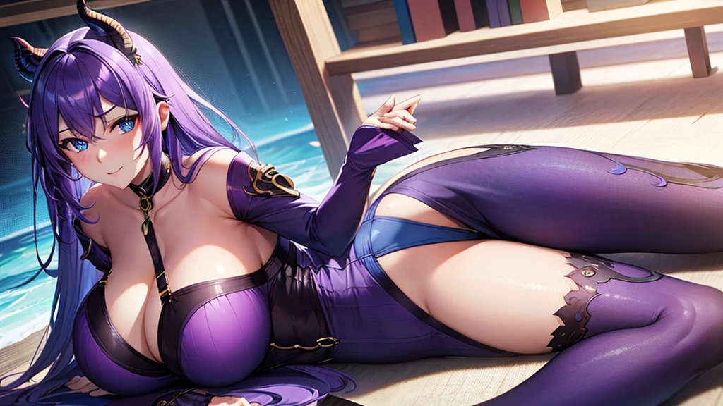 An adult woman half dragon, wide breasts, blue eyes, purple hair, very shy, very sexy, underwear, lying down