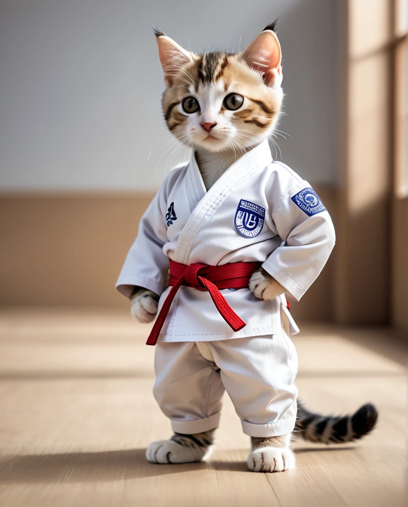 Kitten wearing judo uniform　Full body shot, looking straight into the camera