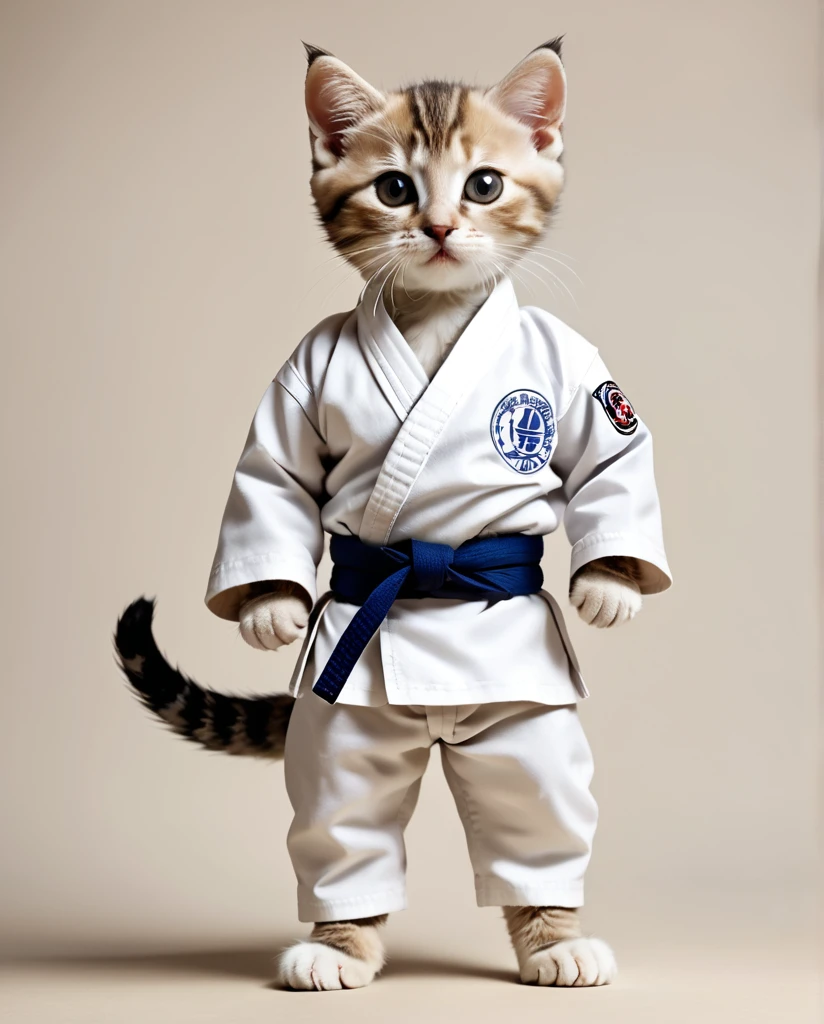 Kitten wearing judo uniform　Full body shot, looking straight into the camera