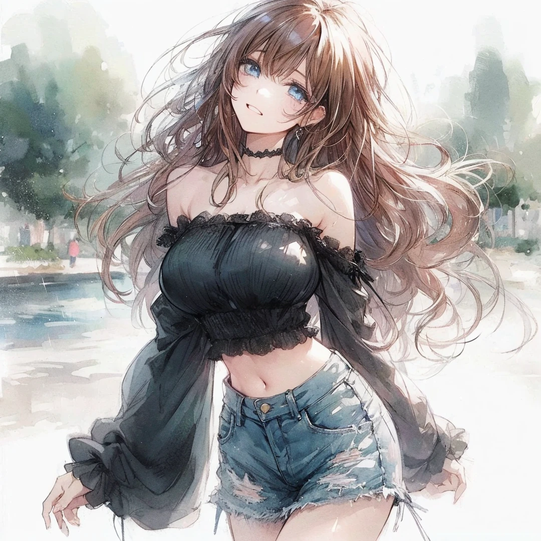 Official art using high-quality hand-drawn watercolor sketch techniques. (best quality,4k,8k,highres,masterpiece:1.2),ultra-detailed,beautiful detailed eyes,A girl with beautiful eyes, everyone, beautiful anime girl, cute anime girl, smooth anime art, anime style, elegant colors, soft lighting, delicate beautiful eyes, very coquettish, (beautiful large breast:1.2), (correct hands:1.2),