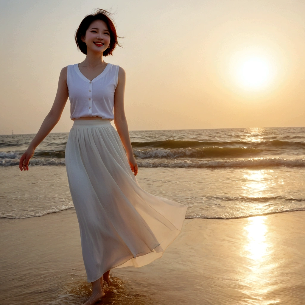 gentle red sun at sunset on the beach,A soft lingering scent is reflected in the sea., Beautiful 36-year-old short Korean woman, Chest size 34 inches, Wear white sleeveless, lightweight mid length skirt. beautiful pretty woman look , wearing a light skirt , Go far into the sea water and dip your toes., Short medium hair blowing in the wind, 1 woman, beautiful eyes, Smiling, Full-body photo taken from afar with a wide-angle lens, The background is clean and perfect., the waves are coming, short woman