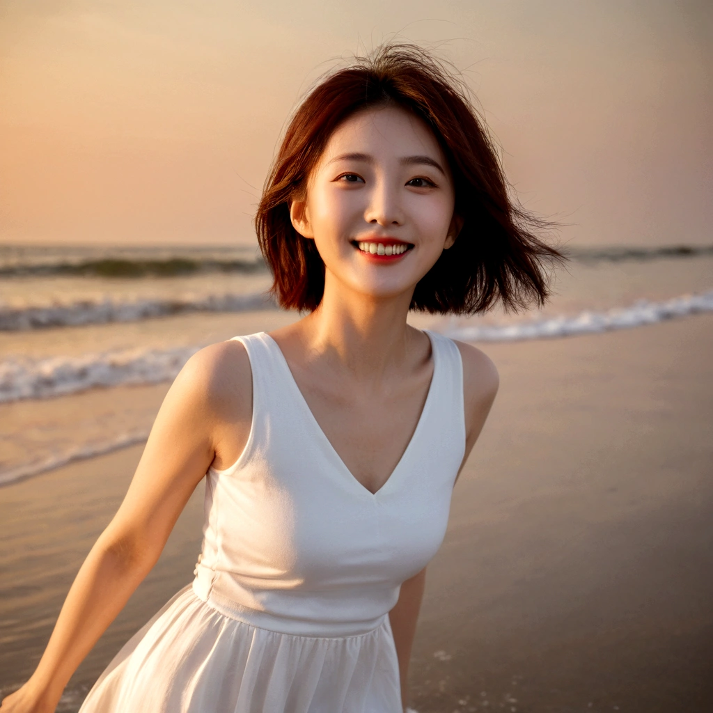 gentle red sun at sunset on the beach,A soft lingering scent is reflected in the sea., Beautiful 36-year-old short Korean woman, Chest size 34 inches, Wear white sleeveless, lightweight mid length skirt. beautiful pretty woman look , wearing a light skirt , Go far into the sea water and dip your toes., Short medium hair blowing in the wind, 1 woman, beautiful eyes, Smiling, Full-body photo taken from afar with a wide-angle lens, The background is clean and perfect., the waves are coming, short woman