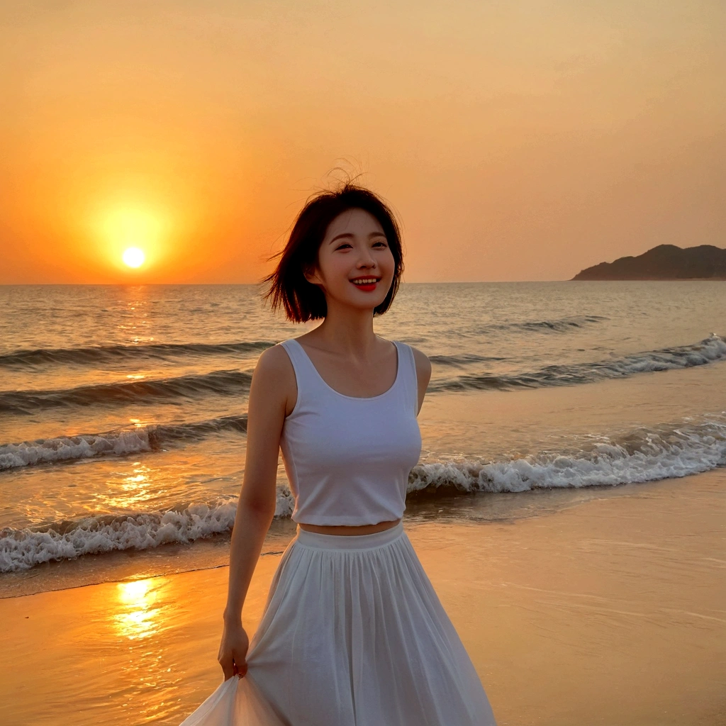 gentle red sun at sunset on the beach,A soft lingering scent is reflected in the sea., Beautiful 36-year-old short Korean woman, Chest size 34 inches, Wear white sleeveless, lightweight mid length skirt. beautiful pretty woman look , wearing a light skirt , Go far into the sea water and dip your toes., Short medium hair blowing in the wind, 1 woman, beautiful eyes, Smiling, Full-body photo taken from afar with a wide-angle lens, The background is clean and perfect., the waves are coming, short woman
