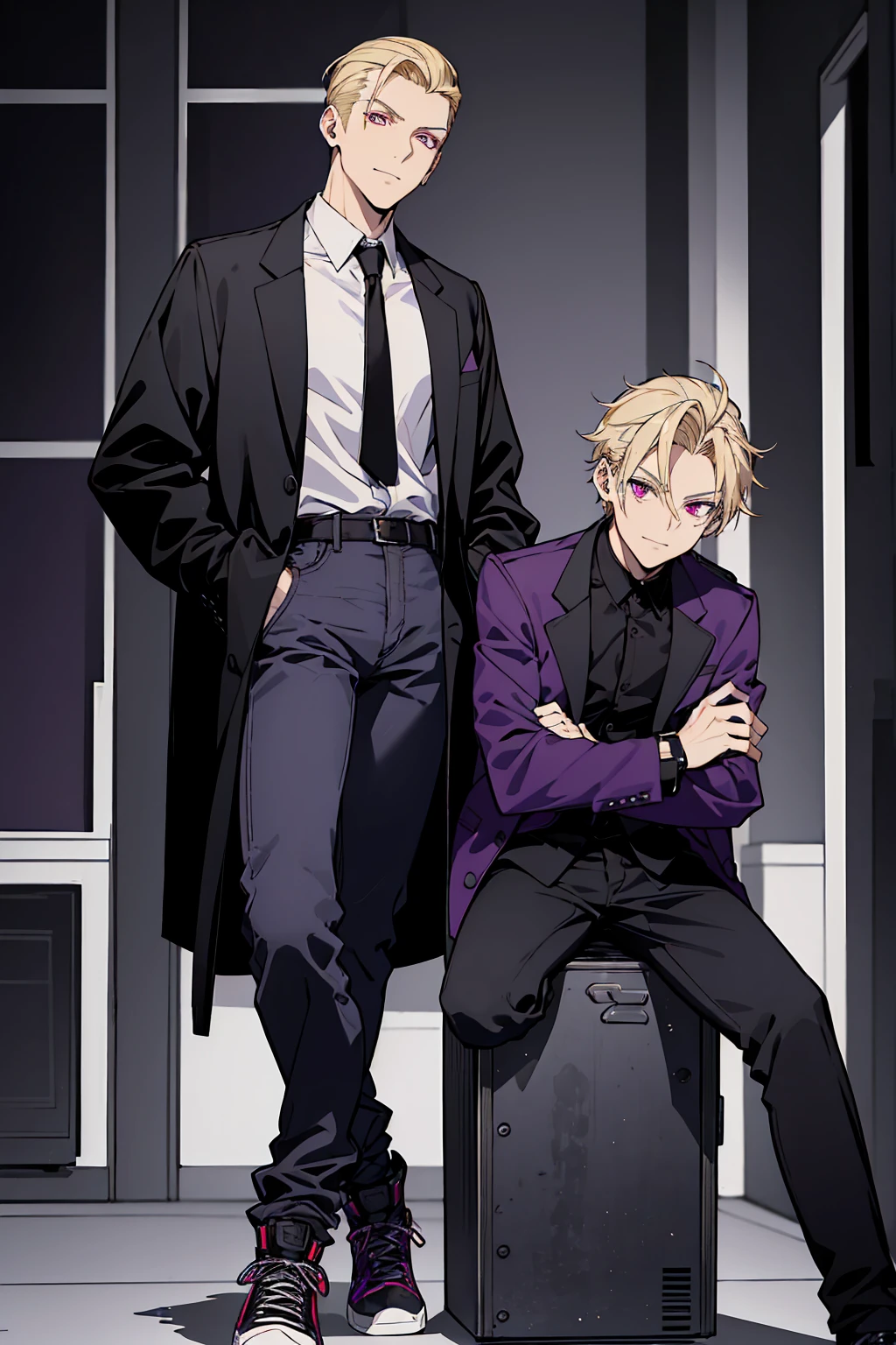 One person, Tall, tannish, handsome male, fit and lean, red eyes, slicked back blonde hair, light stubble, wearing black collared school jacket with purple and black checkered undershirt, wearing baggy jeans, purple and black high tops, has golden watch, and cocky smile, sitting alone in the dusk of night.