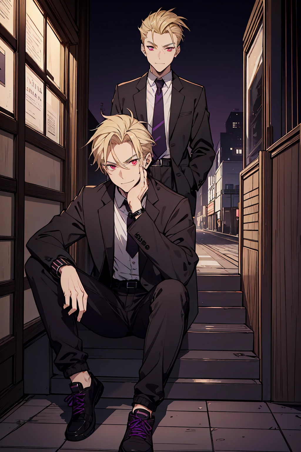 One person, Tall, tannish, handsome male, fit and lean, red eyes, slicked back blonde hair, light stubble, wearing black collared school jacket with purple and black checkered undershirt, wearing baggy jeans, purple and black high tops, has golden watch, and cocky smile, sitting alone in the dusk of night.
