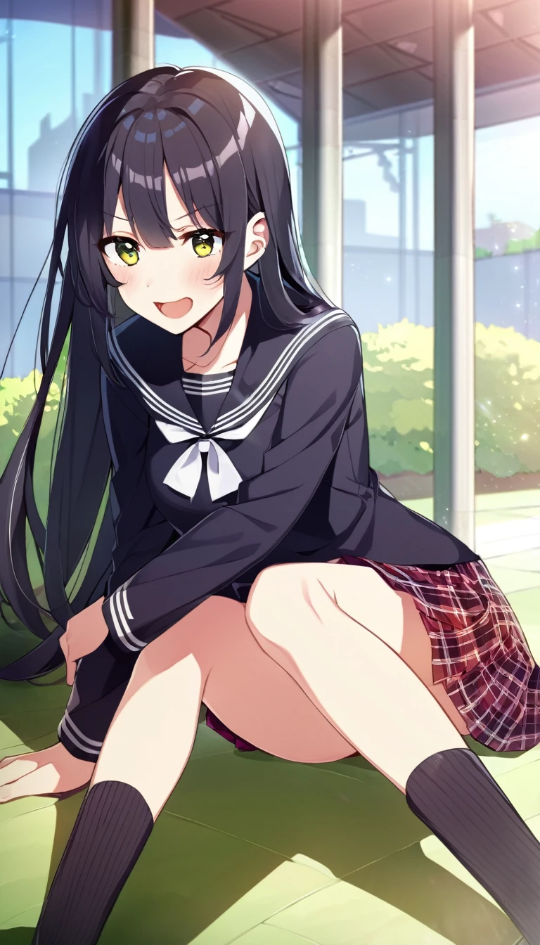 one girl, black sailor uniform, plaid skirt, long sleeve, naive, black hair