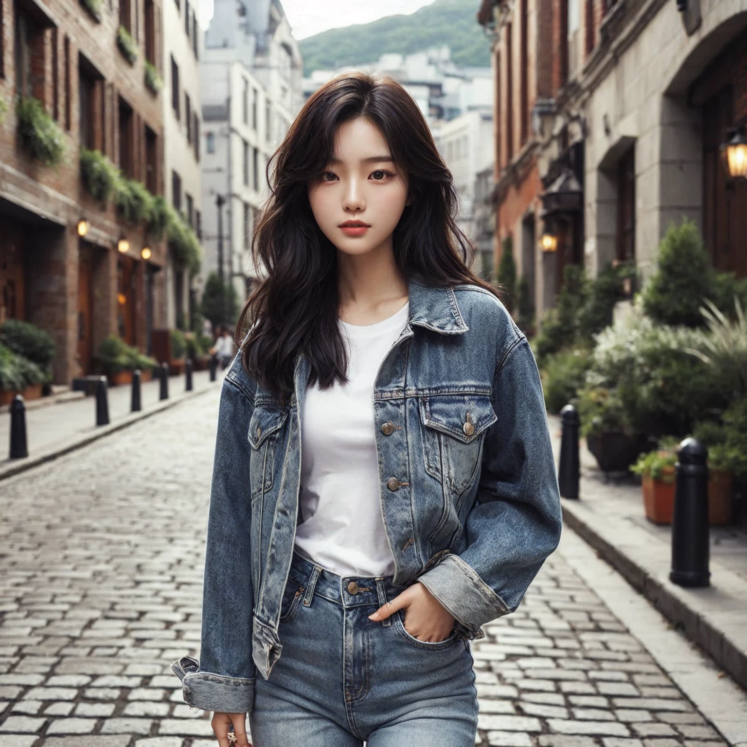 Beautiful young Korean female walking confidently down a cobblestone street in casual, stylish outfits with jackets, shirts, and jeans. The backdrop is a vintage urban setting with buildings and greenery, blending modern style with a cool urban vibe.