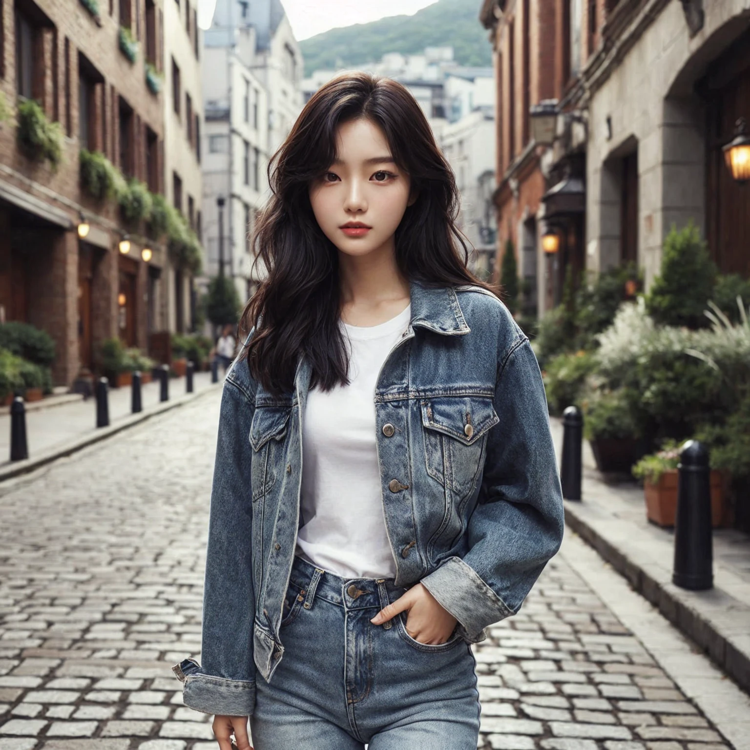 Beautiful young Korean female walking confidently down a cobblestone street in casual, stylish outfits with jackets, shirts, and jeans. The backdrop is a vintage urban setting with buildings and greenery, blending modern style with a cool urban vibe.