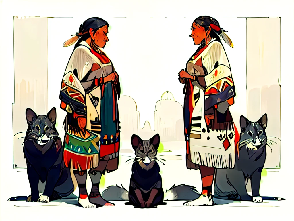 ((Masterpiece)),(((Best Quality) a girl on the left side, an animal in the middle and an old woman on the right side, the women will be indigenous 