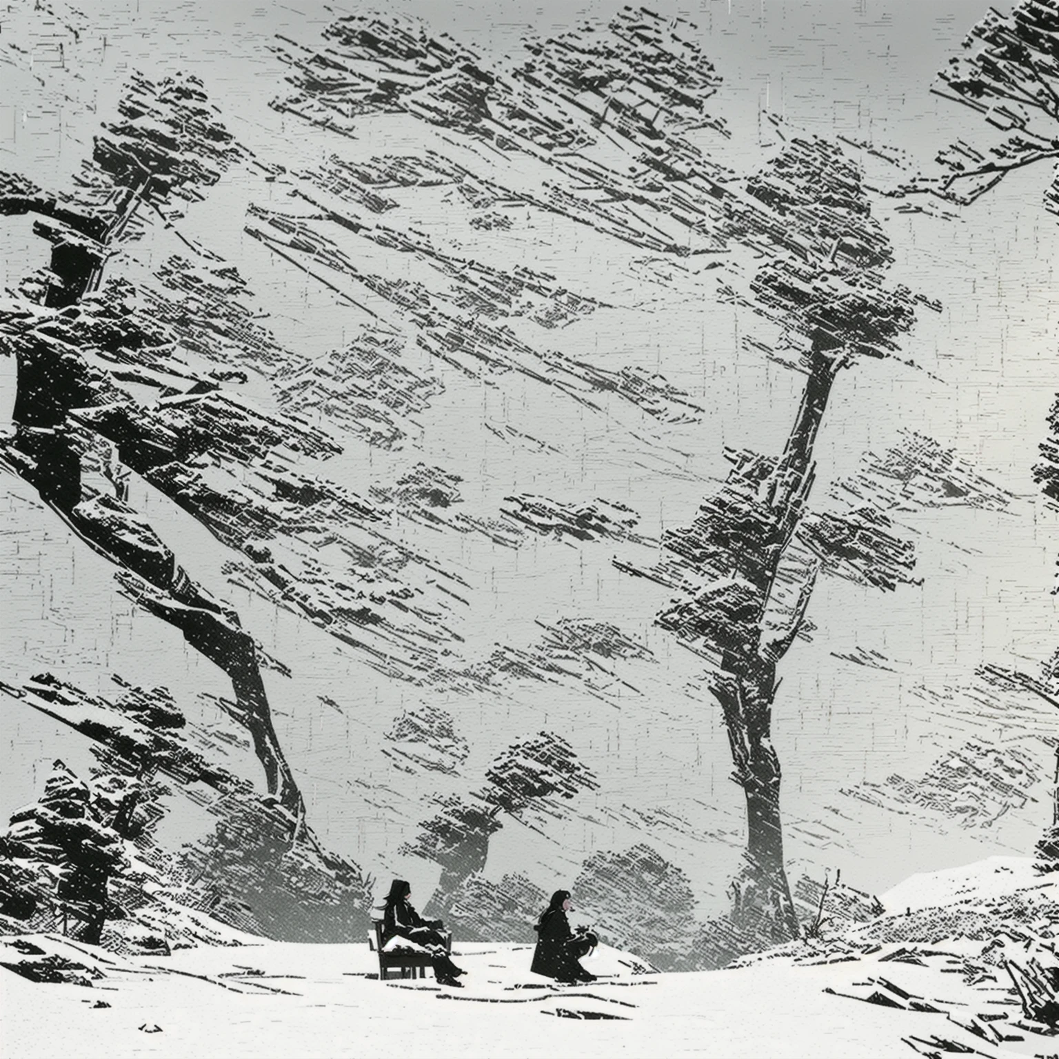 drawing of a woman sitting on a bench in the snow, 2 d game environment design, snowy environment, concept art for a video game, sketched 4k, scenery game concept art, screentone shading, game environment, concept art sketch, detailed environment, game environment design, stylized linework, old sketch, indie game concept art