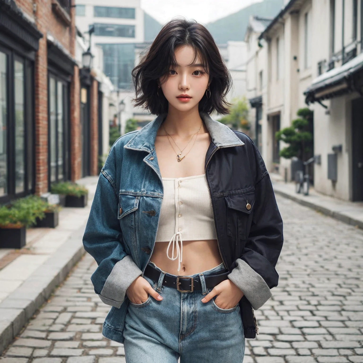 Beautiful young Korean female walking confidently down a cobblestone street in casual, stylish outfits with jackets, shirts, and jeans. The backdrop is a vintage urban setting with buildings and greenery, blending modern style with a cool urban vibe.